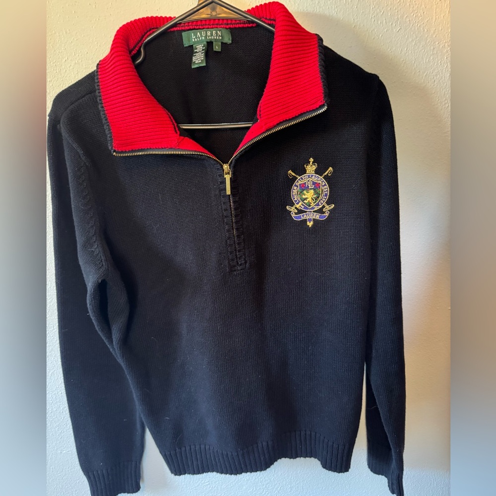 Ralph Lauren Black Zip-Up Sweater with Red Collar and Embroidered Crest
